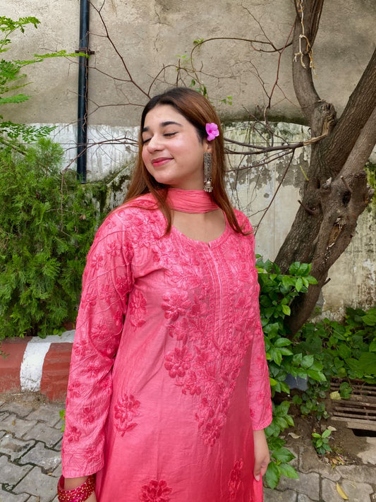 Chanderi Ombre Chikankari Cord Set with Dupatta