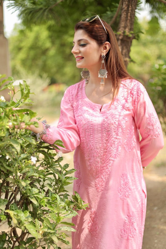 Chanderi Silk Handcrafted Chikankari Afghani Set