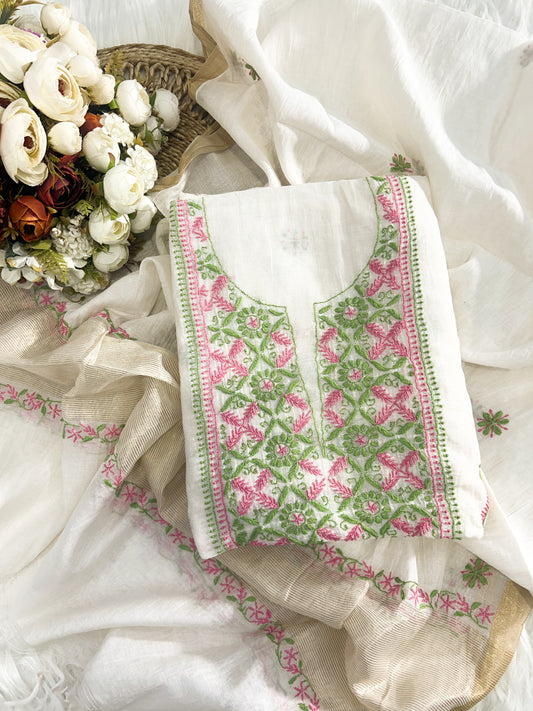 Premium Mul Chanderi Chikankari Unstitched Suit